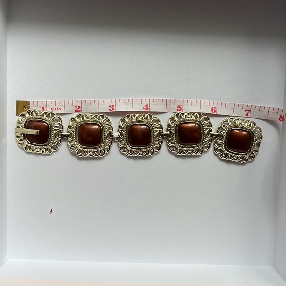 Vintage Brown Moonglow Lucite Bracelet Reversible Swivel Links Gold Tone Panel - Picture 4 of 9